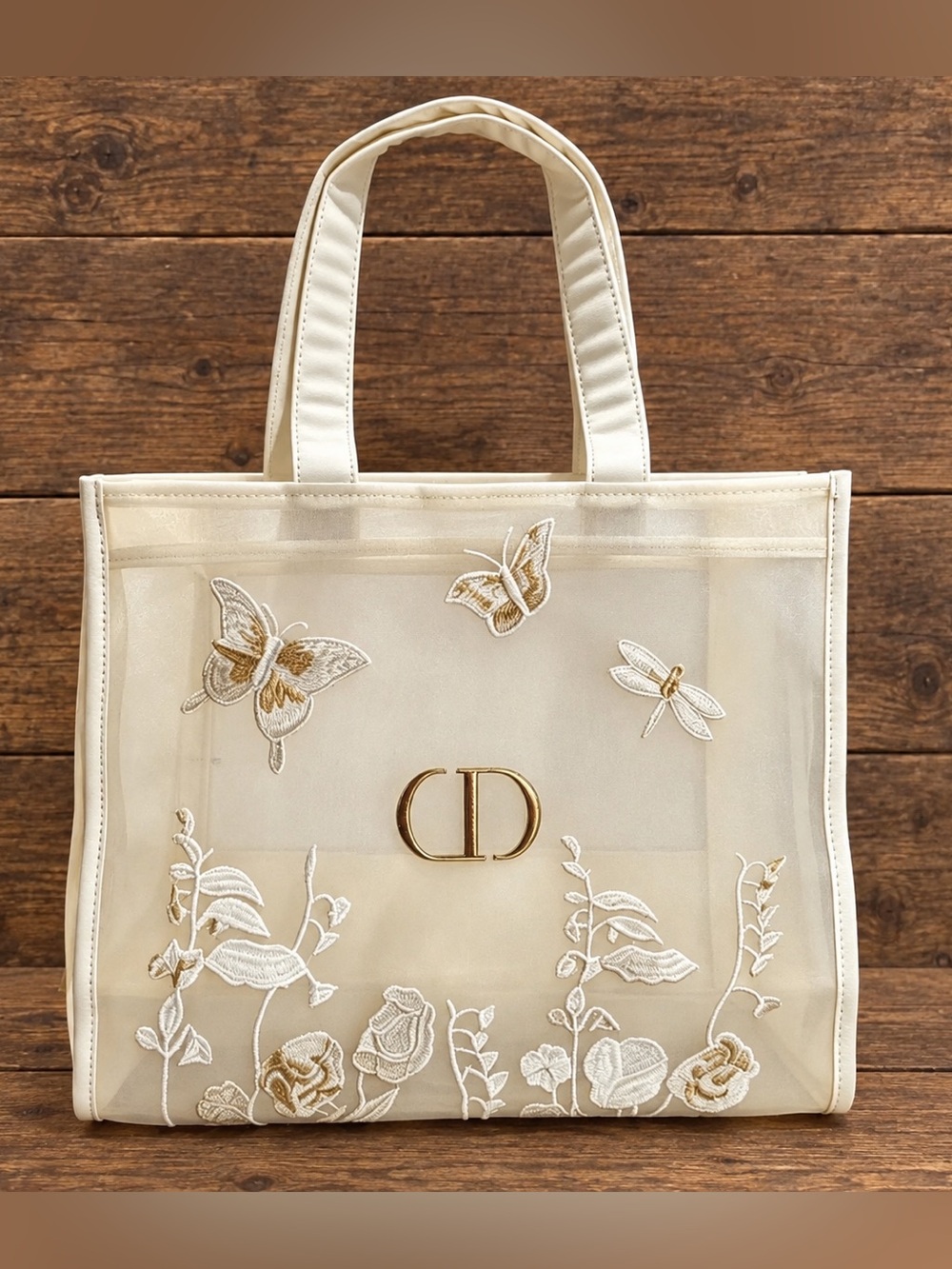 Dior Beauty Embroidered Butterfly Floral Mesh Tote Bag Ivory
